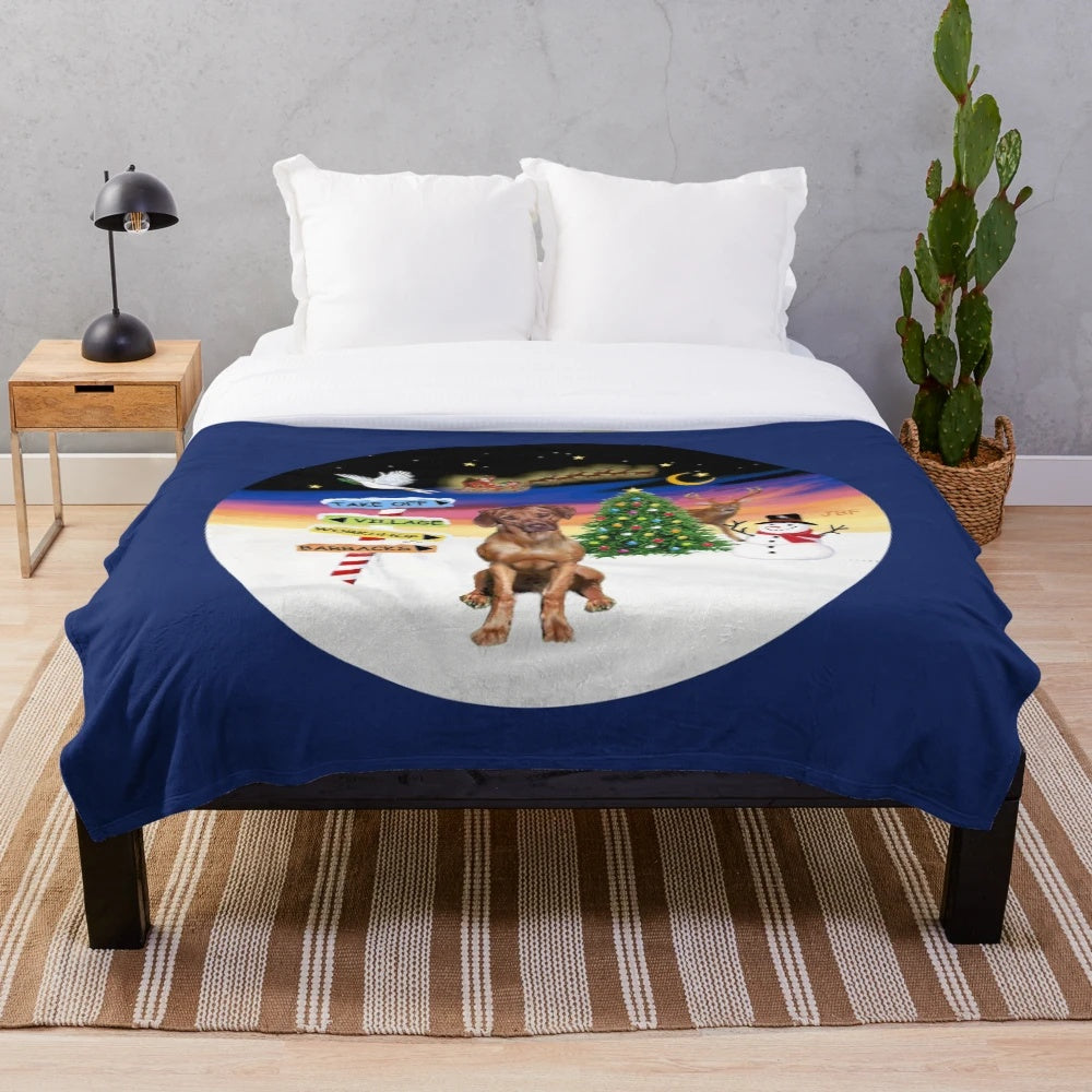 Rhodesian Ridgeback dog in a Christmas-themed plush blanket design