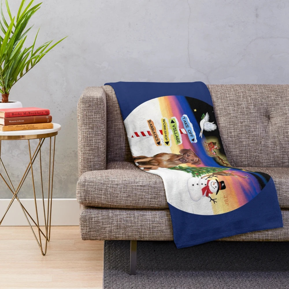 Rhodesian Ridgeback dog in a Christmas-themed plush blanket design