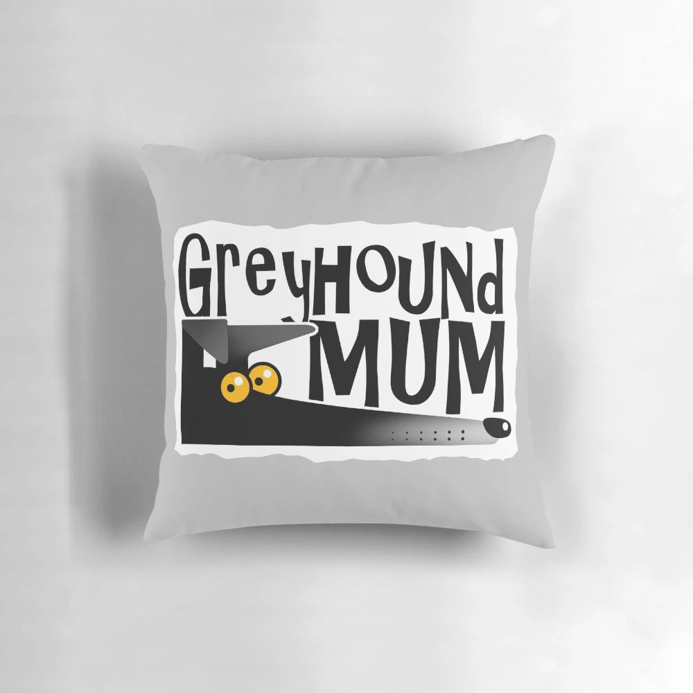 Greyhound mom pillow featuring a cartoon greyhound puppy design by artist Rich Skipworth