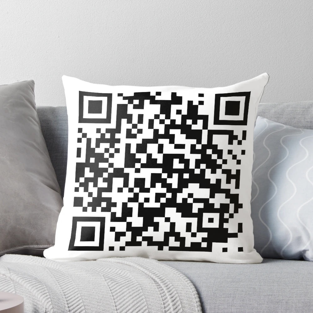 Rick Astley themed pillow featuring a QR code design inspired by the "Never Gonna Give You Up" meme