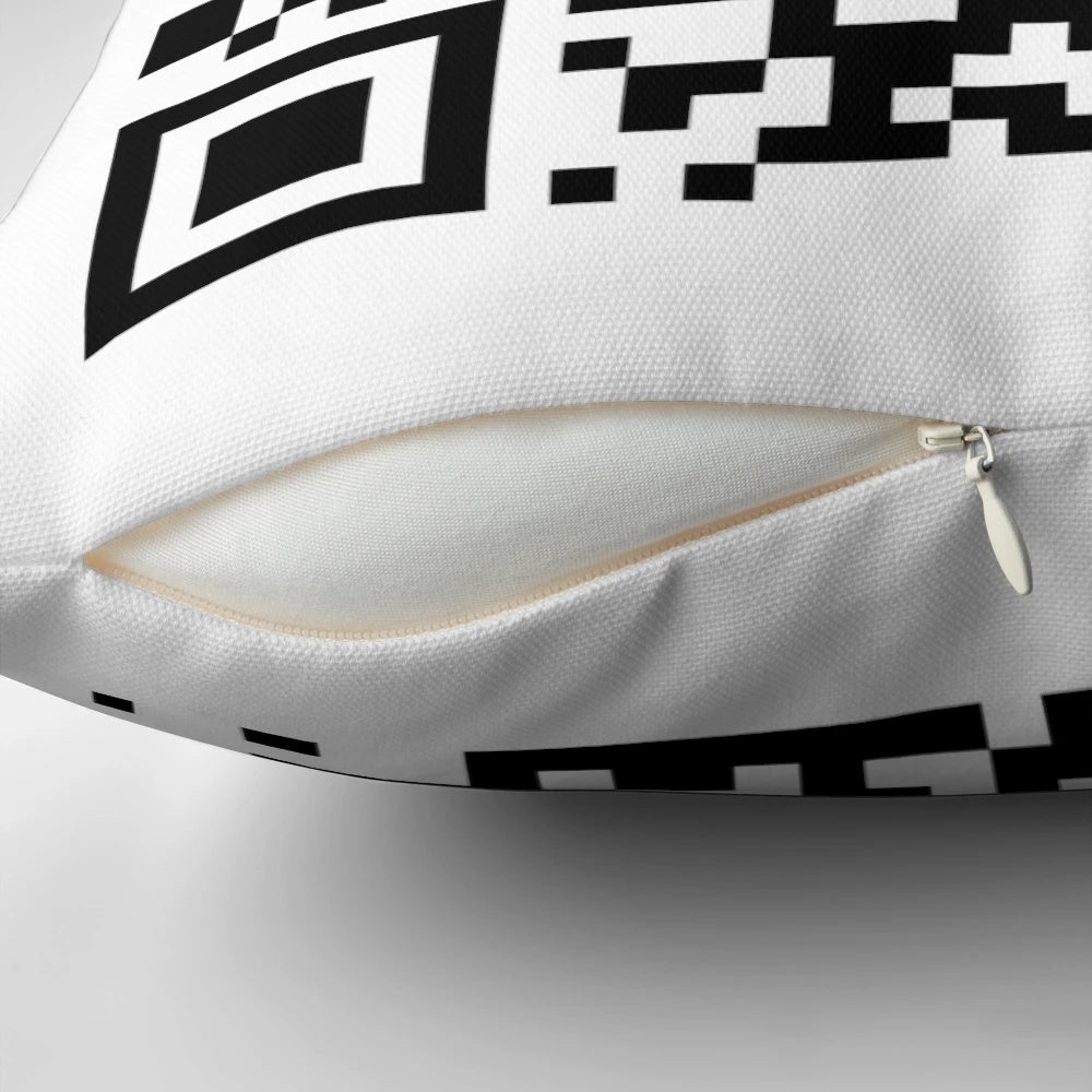 Rick Astley themed pillow featuring a QR code design inspired by the "Never Gonna Give You Up" meme