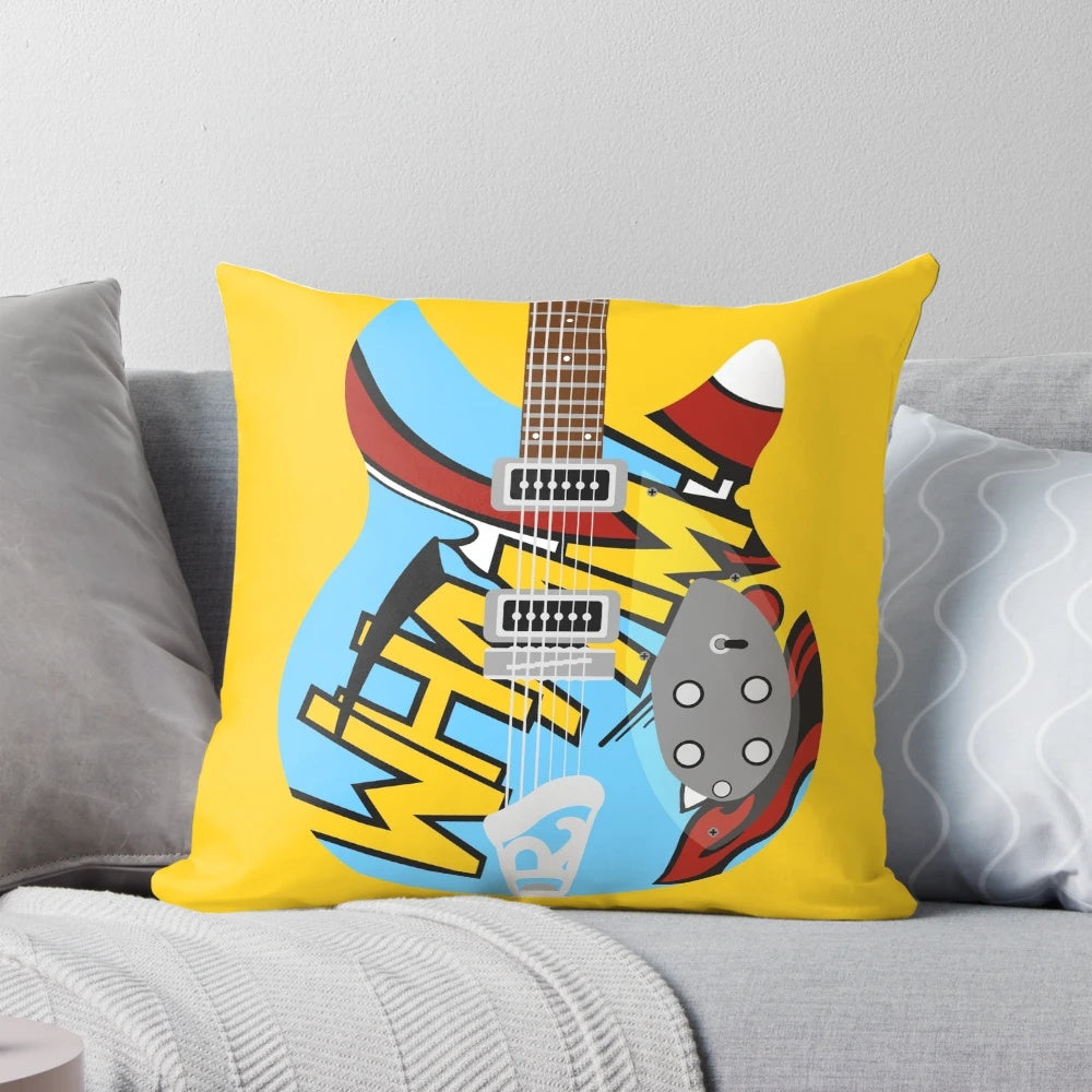 Colorful pop art-style pillow featuring Rickenbacker guitars, a nod to Paul Weller and The Jam's iconic mod style.