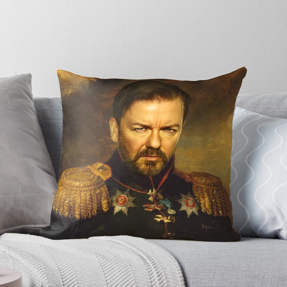 Ricky Gervais-inspired custom pillow featuring a photoshopped portrait in the style of artist George Dawe