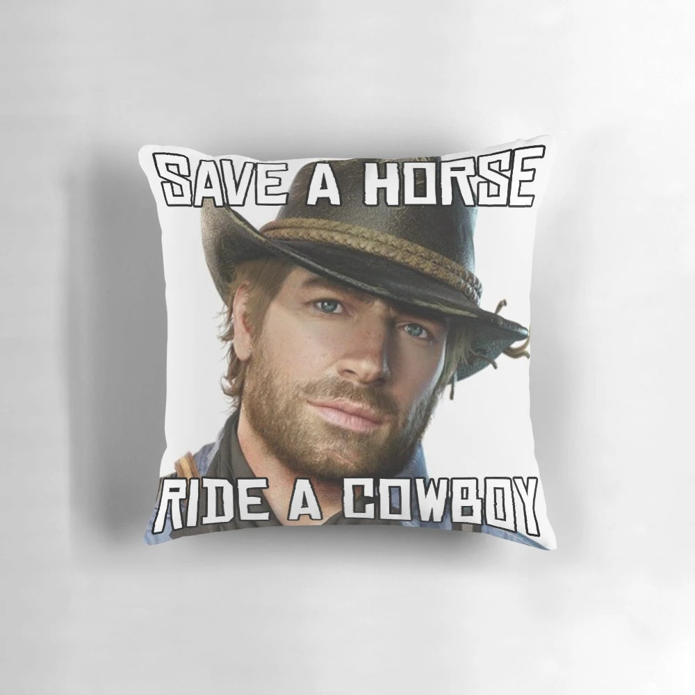 Plush pillow featuring the character Arthur Morgan from the Red Dead Redemption game series, dressed as a cowboy in the Wild West