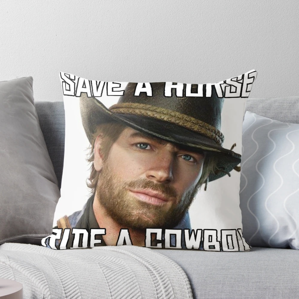 Plush pillow featuring the character Arthur Morgan from the Red Dead Redemption game series, dressed as a cowboy in the Wild West