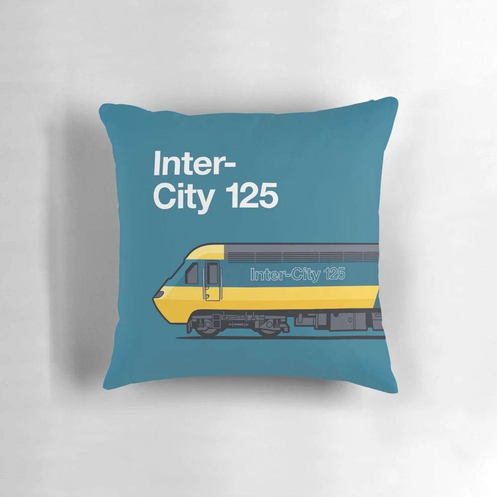 Side view of a Class 43 Intercity 125 BR Blue high-speed train traveling through the English countryside