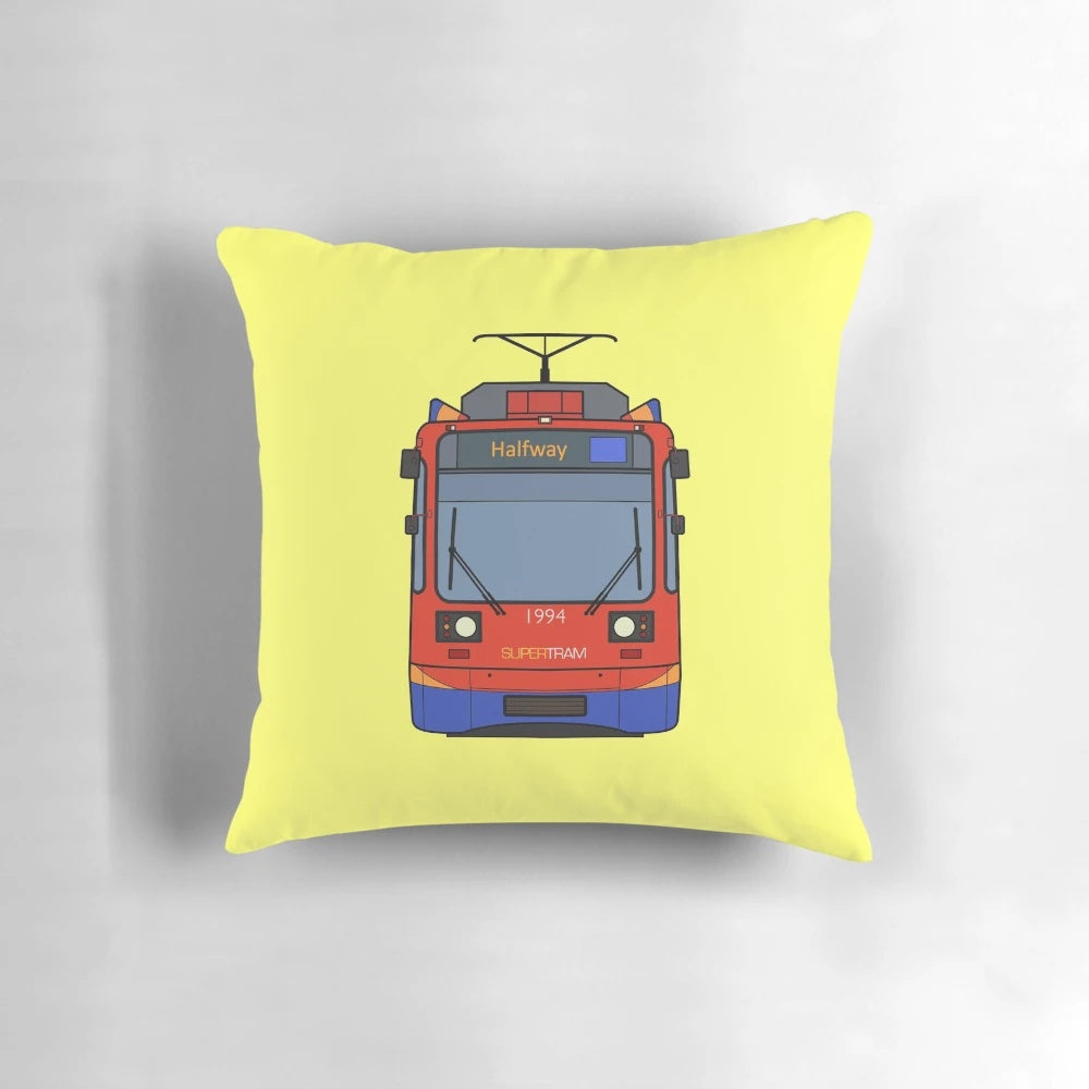 Pillow depicting the Sheffield Supertram, a light rail system in South Yorkshire, UK.