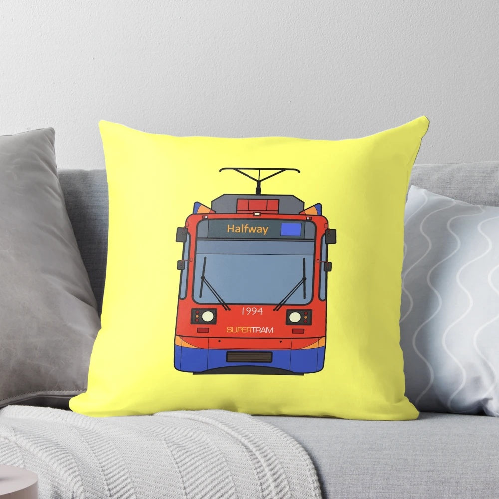 Pillow depicting the Sheffield Supertram, a light rail system in South Yorkshire, UK.