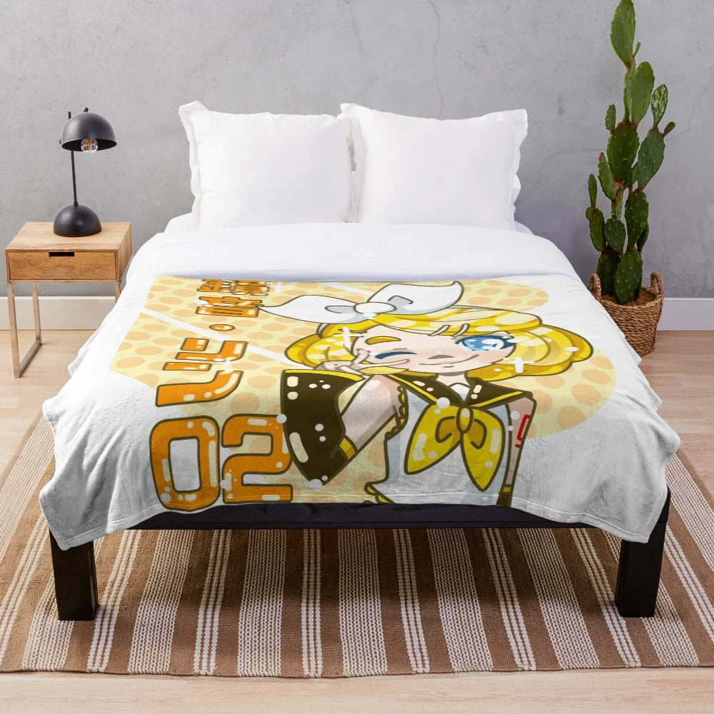 Rin Kagamine inspired plush blanket featuring a cute anime girl design