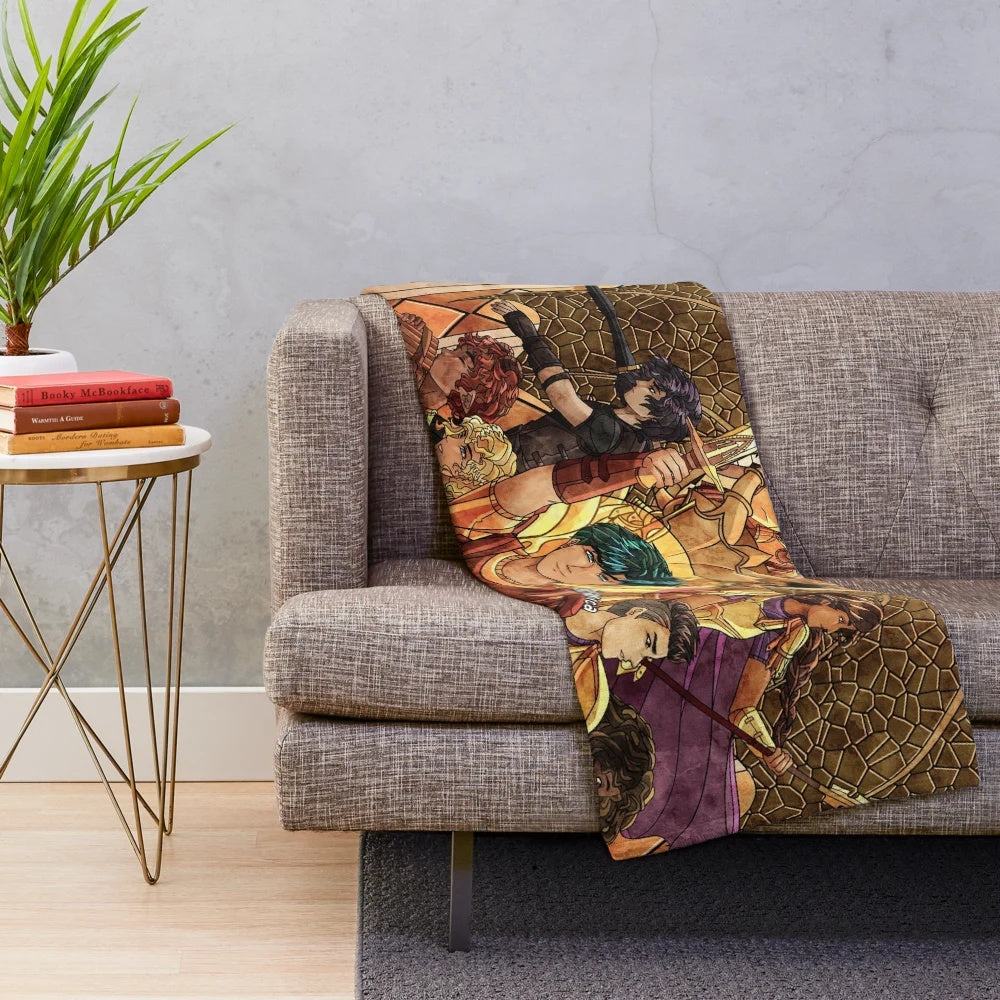 Riordanverse-inspired stained glass design plush blanket featuring Percy Jackson characters