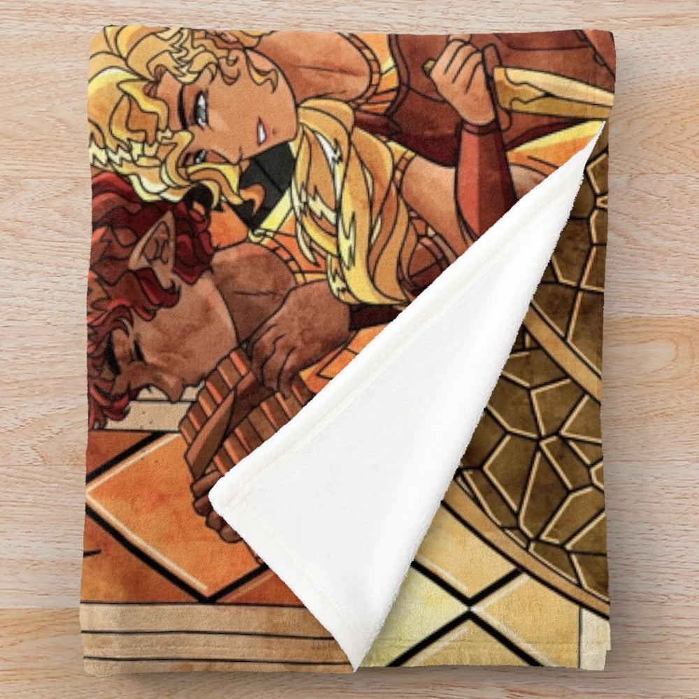 Riordanverse-inspired stained glass design plush blanket featuring Percy Jackson characters