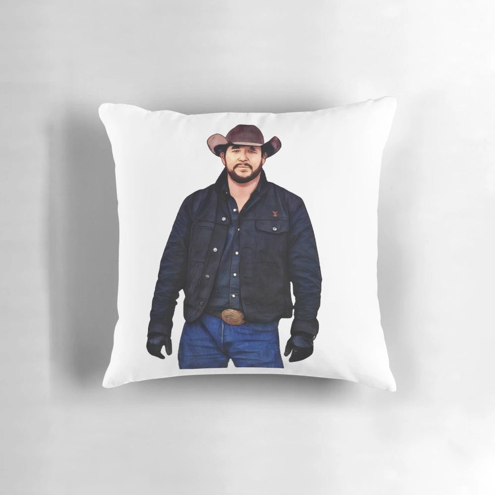 Rip Wheeler Pillow inspired by the Yellowstone TV series featuring a cowboy on a horse against a scenic Montana ranch background.
