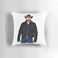 Rip Wheeler Pillow inspired by the Yellowstone TV series featuring a cowboy on a horse against a scenic Montana ranch background.