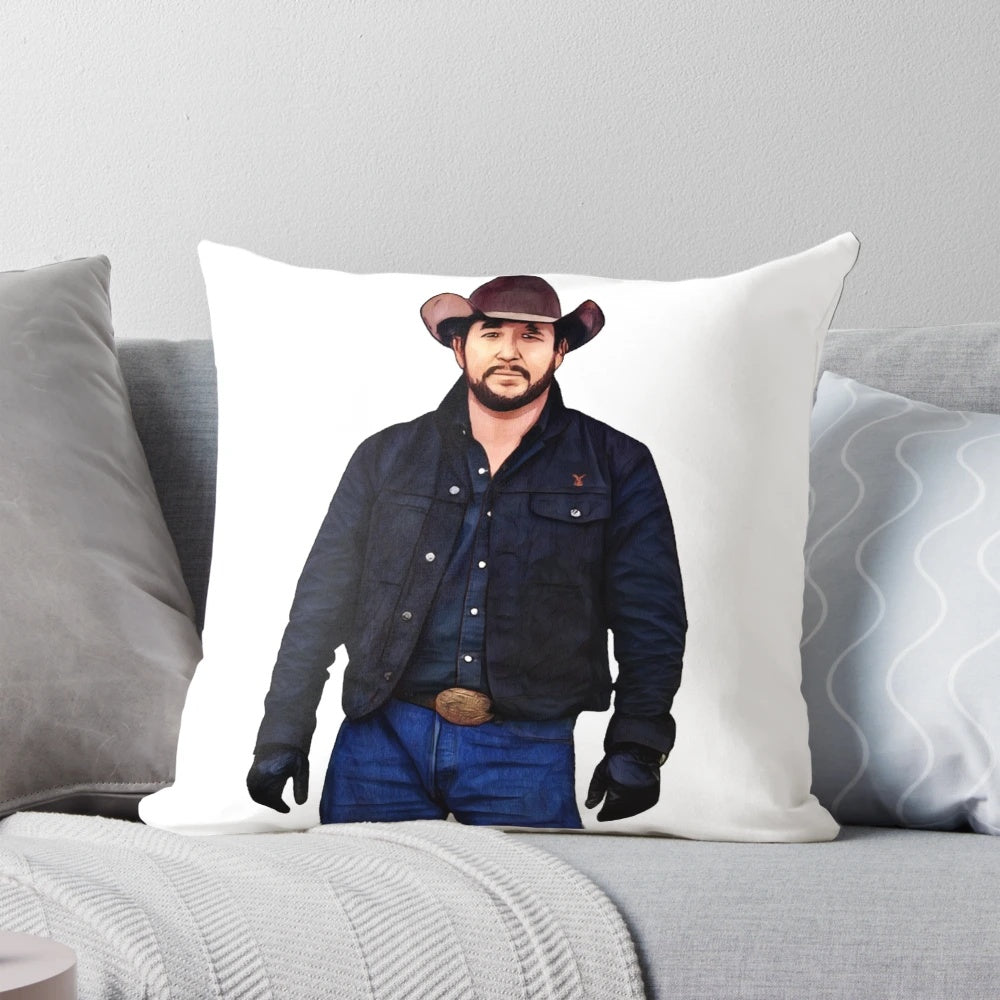 Rip Wheeler Pillow inspired by the Yellowstone TV series featuring a cowboy on a horse against a scenic Montana ranch background.