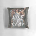 Rise and Slay" inspirational quote pillow with retro gaming-inspired typography and design