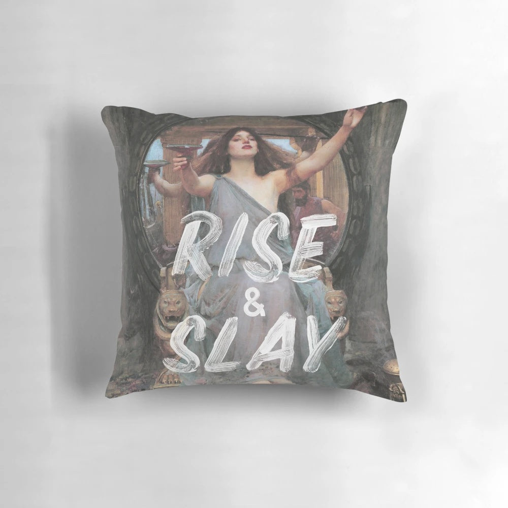 Rise and Slay" inspirational quote pillow with retro gaming-inspired typography and design