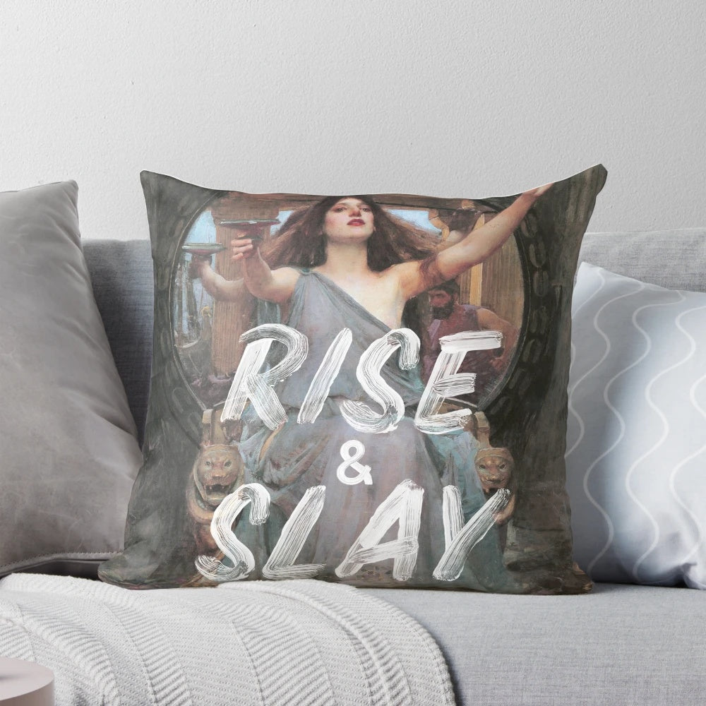 Rise and Slay" inspirational quote pillow with retro gaming-inspired typography and design