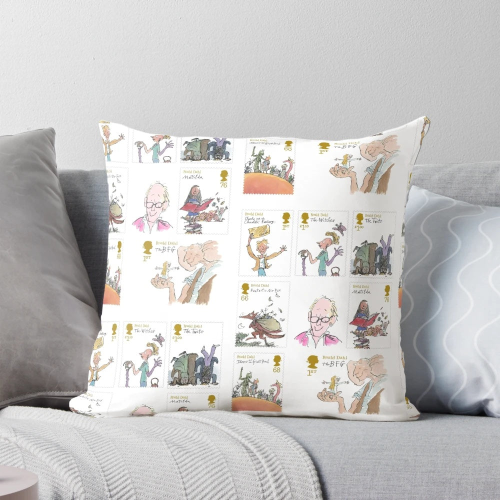 Roald Dahl inspired art pillow featuring a collage of stamps and illustrations by Quentin Blake