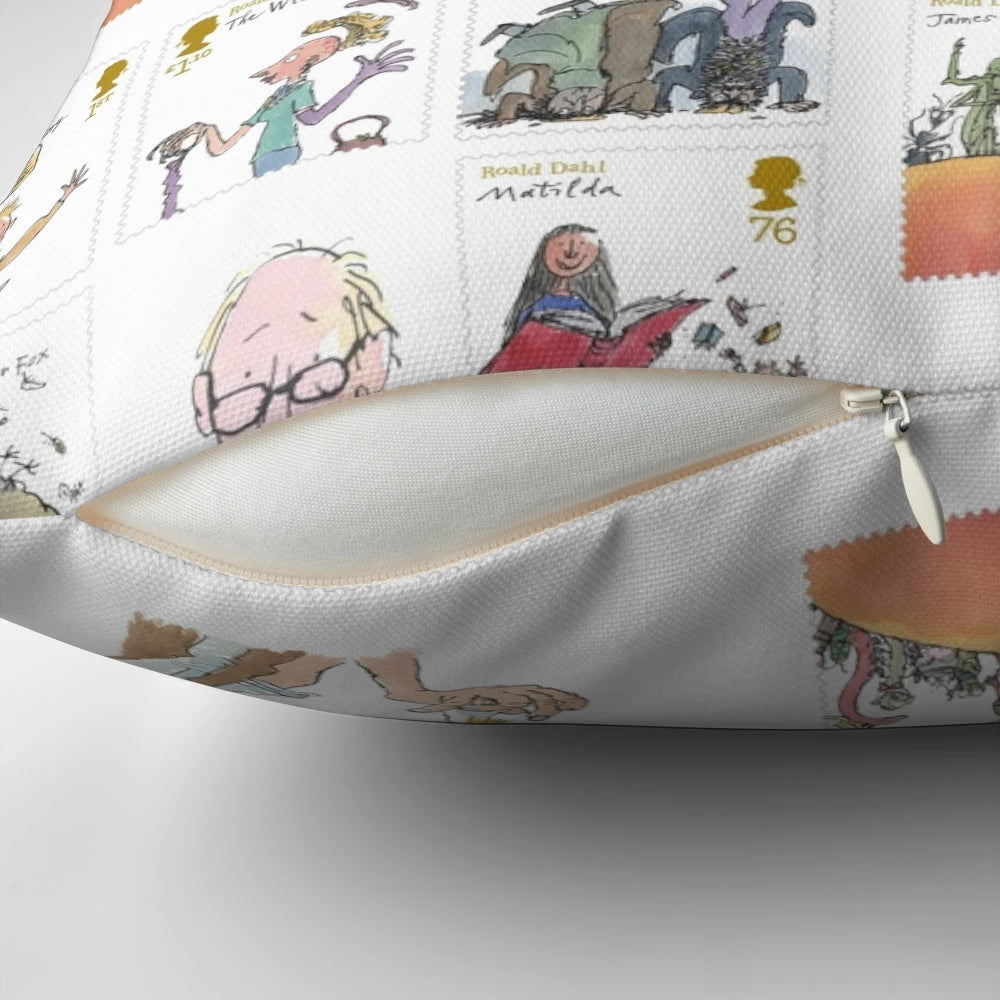 Roald Dahl inspired art pillow featuring a collage of stamps and illustrations by Quentin Blake