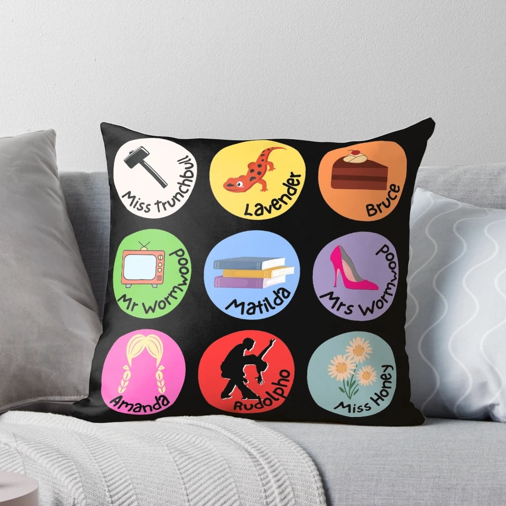 Vibrant pop art pillow featuring characters from the beloved Roald Dahl musical Matilda