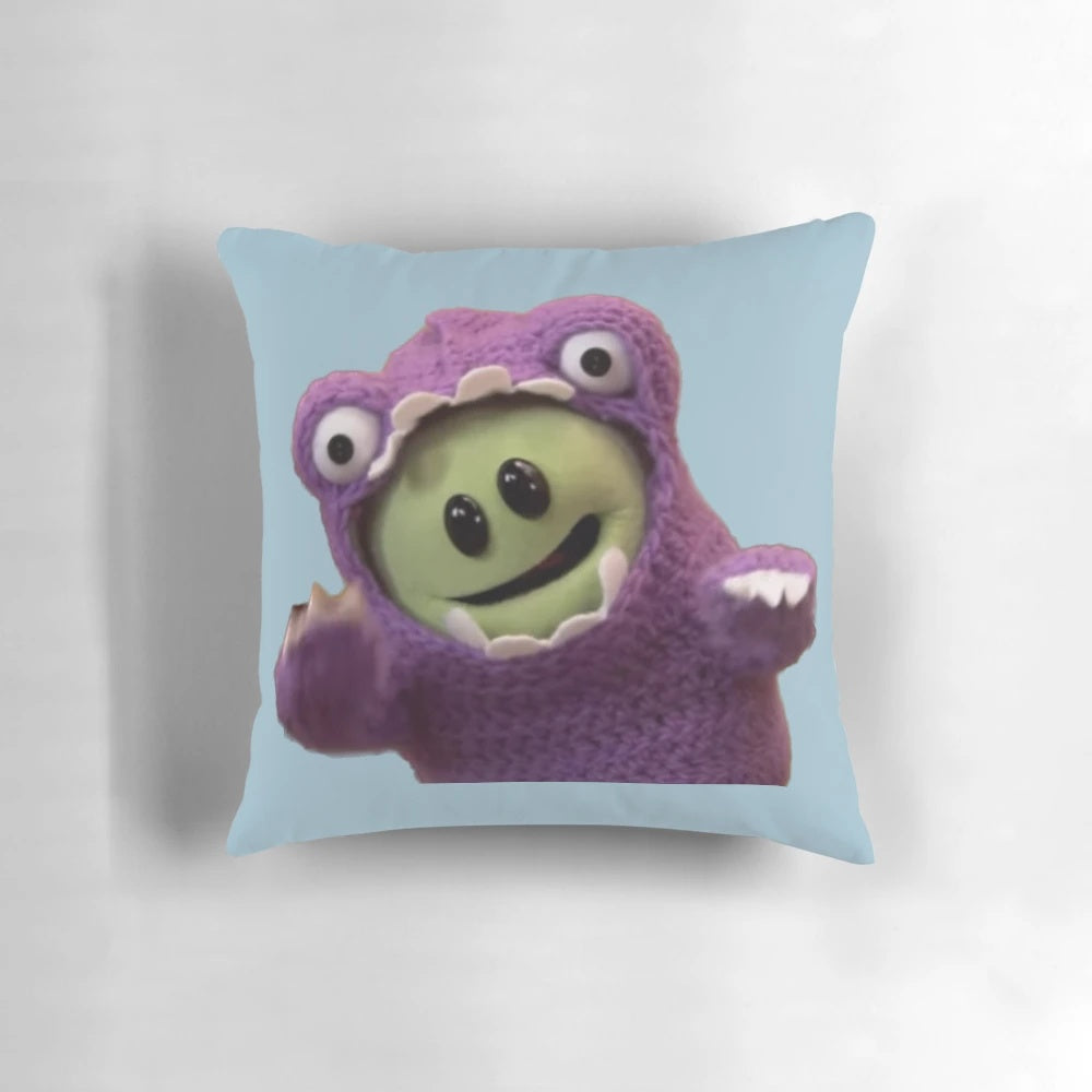 "A cozy pillow featuring a roaring monster, perfect for Nanalan meme and TikTok enthusiasts"