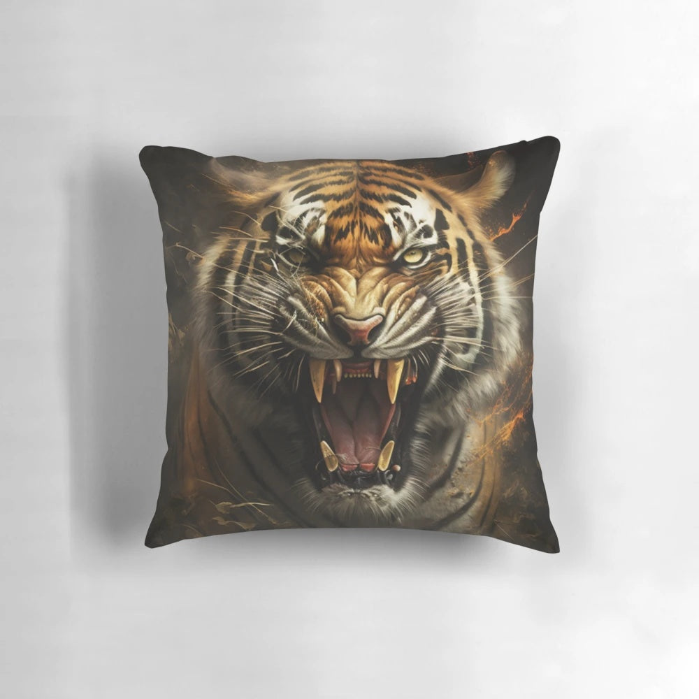 Vibrant Pillow Featuring a Roaring Tiger in a Lush Jungle Landscape