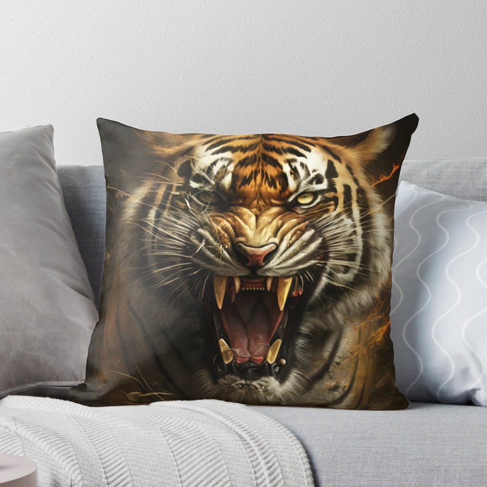 Vibrant Pillow Featuring a Roaring Tiger in a Lush Jungle Landscape