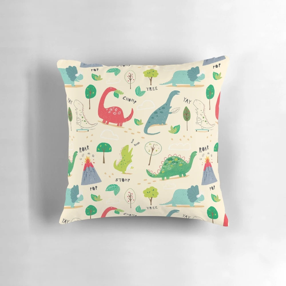 Colorful dinosaur pattern pillow with "Roarsome" text