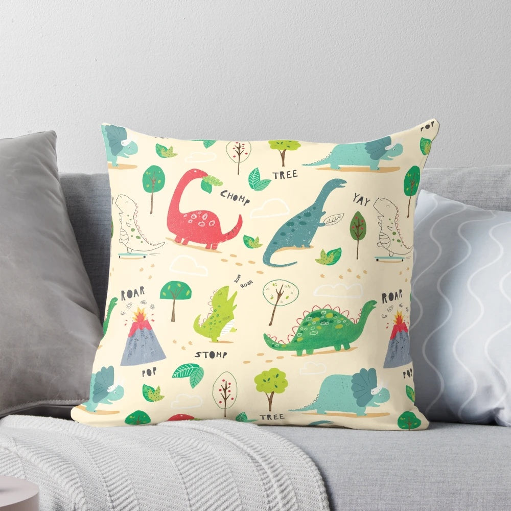 Colorful dinosaur pattern pillow with "Roarsome" text