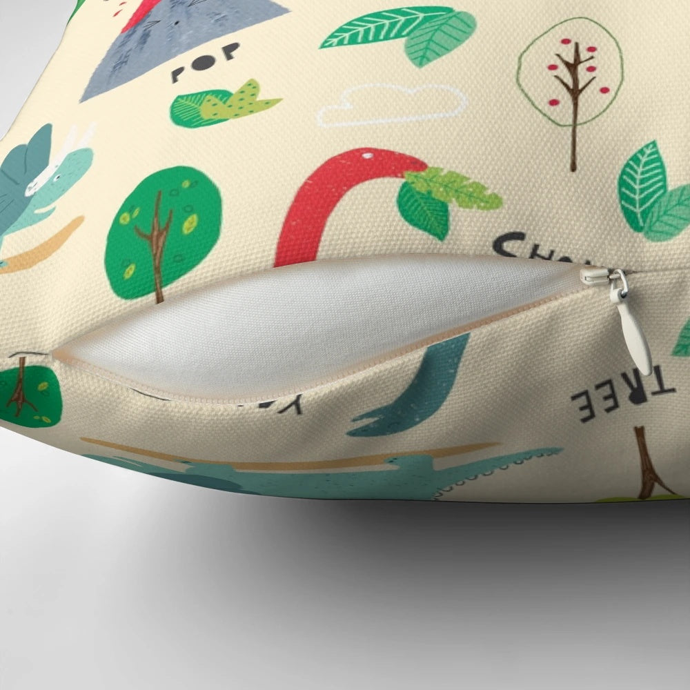 Colorful dinosaur pattern pillow with "Roarsome" text