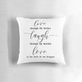 Colorful throw pillow featuring the text "Live Laugh Love" with a Dragula meme design, inspired by the music of Rob Zombie.