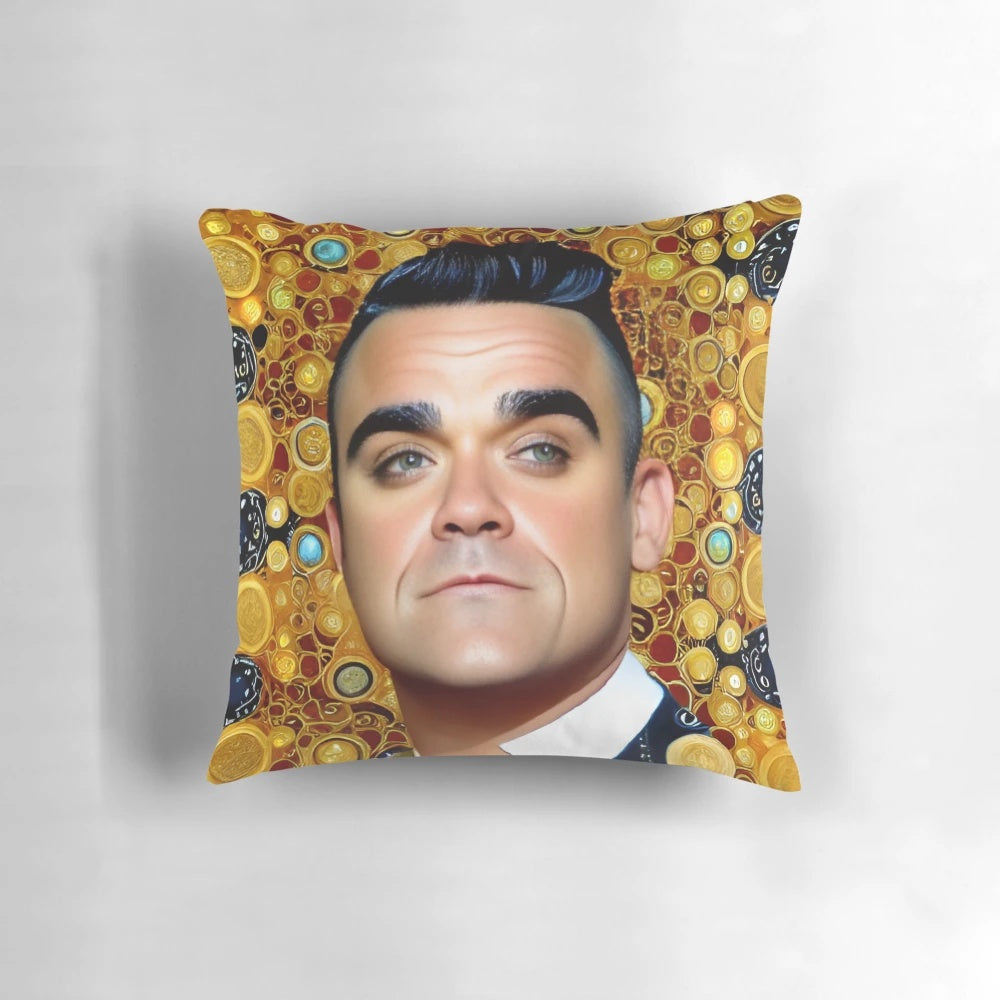 AI-generated digital art depicting Robbie Williams in a Vienna Secession-inspired, dreamy pop art style