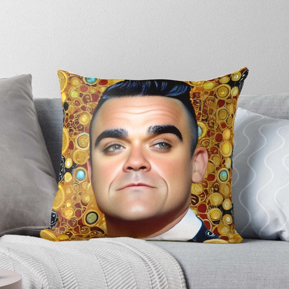 AI-generated digital art depicting Robbie Williams in a Vienna Secession-inspired, dreamy pop art style