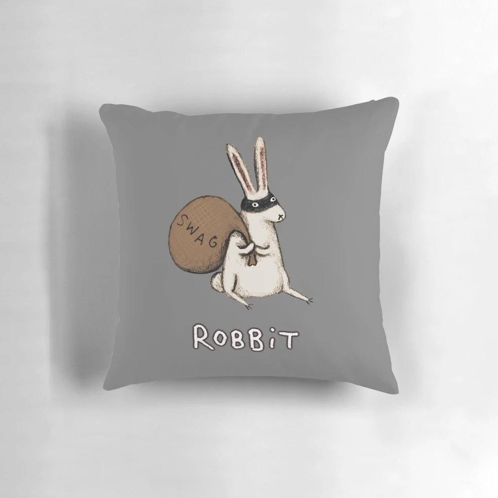 A plush robbit or rabbit-themed animal figurine with a cheeky expression, perfect for home decor.