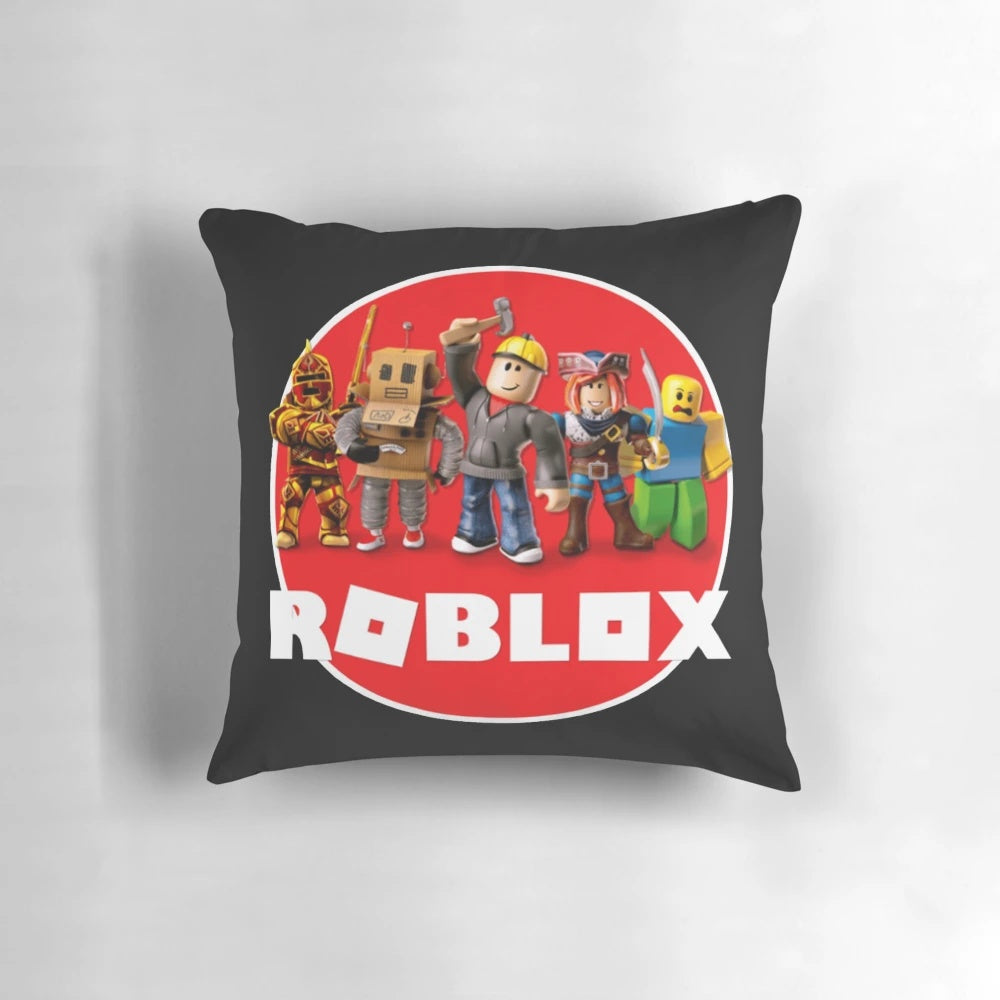 Roblox-inspired character and logo design printed on a plush throw pillow
