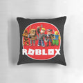 Roblox-inspired character and logo design printed on a plush throw pillow