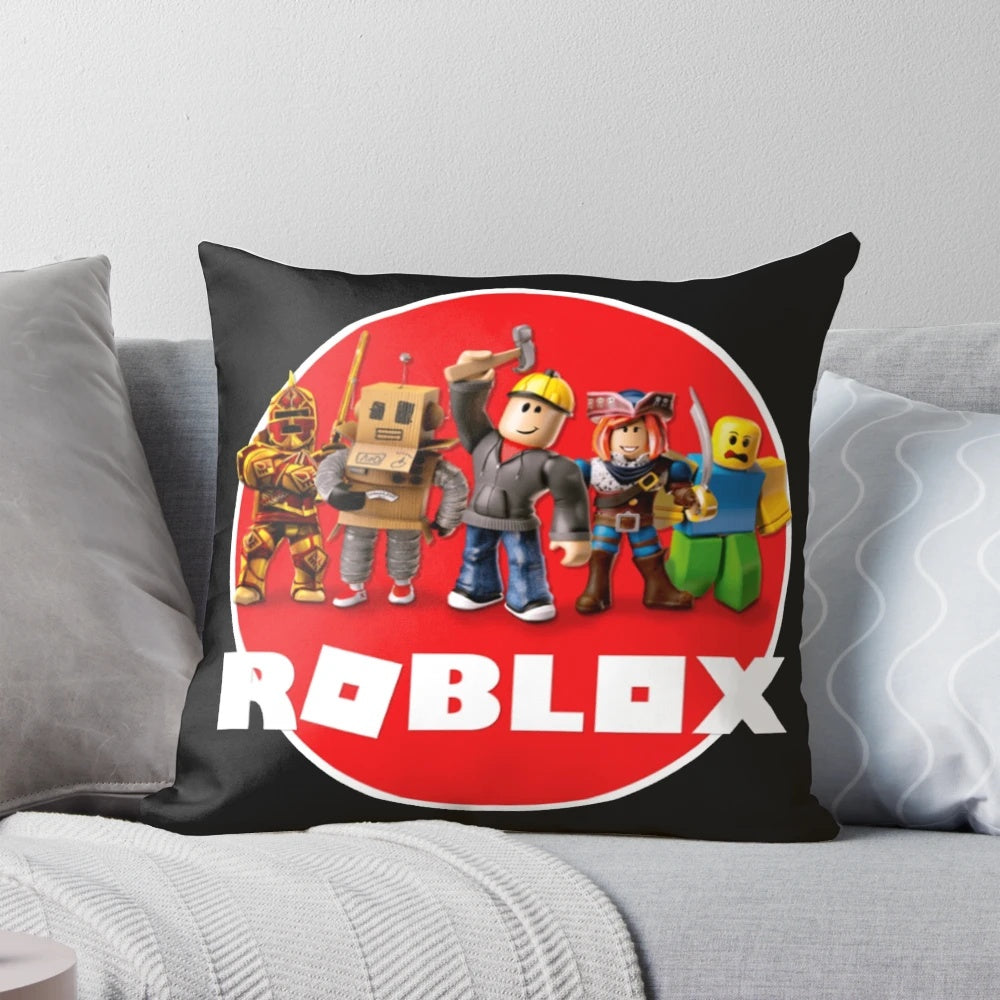 Roblox-inspired character and logo design printed on a plush throw pillow