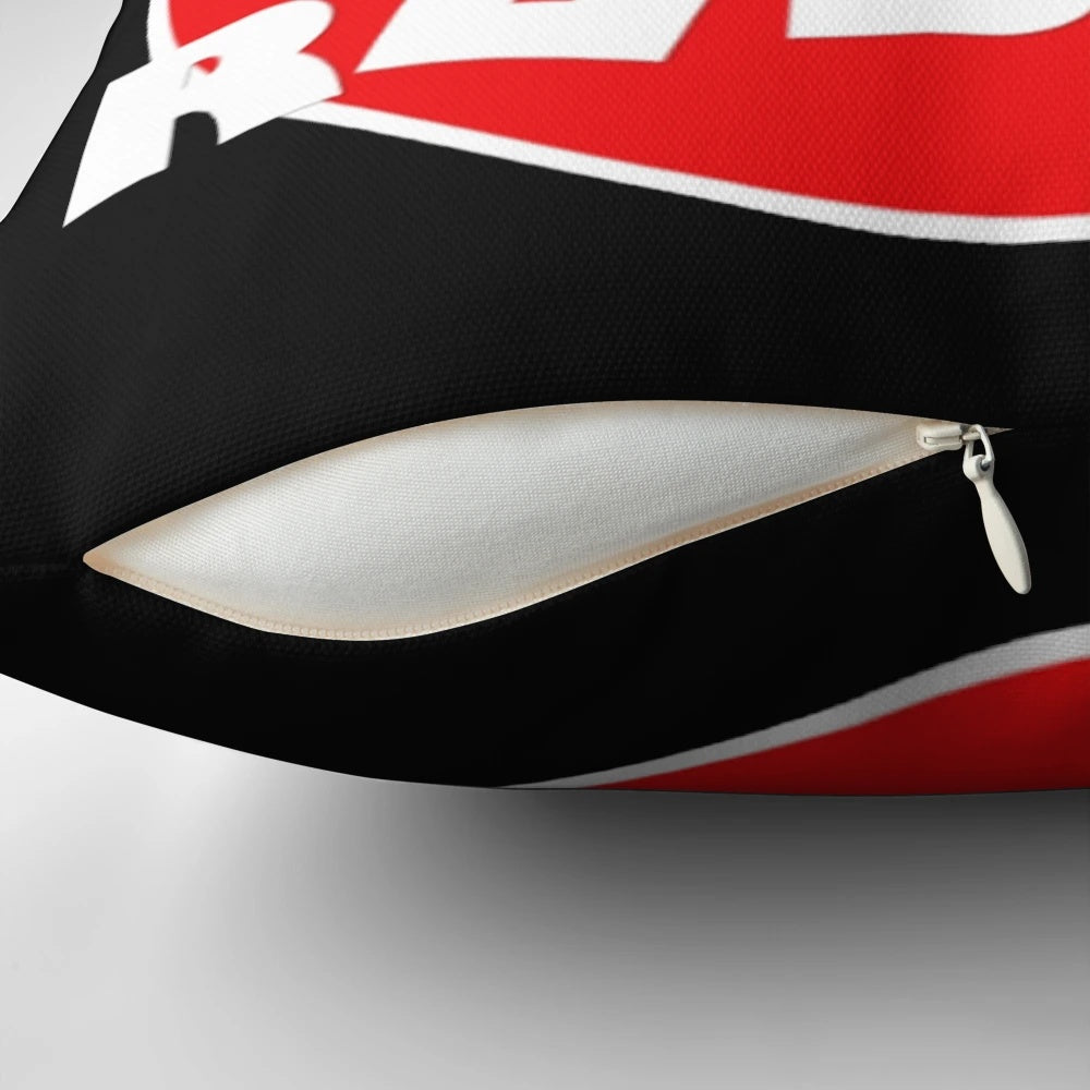 Roblox-inspired character and logo design printed on a plush throw pillow