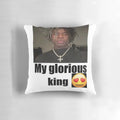 Soft, plush pillow featuring the iconic "Glorious King" character from Ken Carson's Roblox videos.