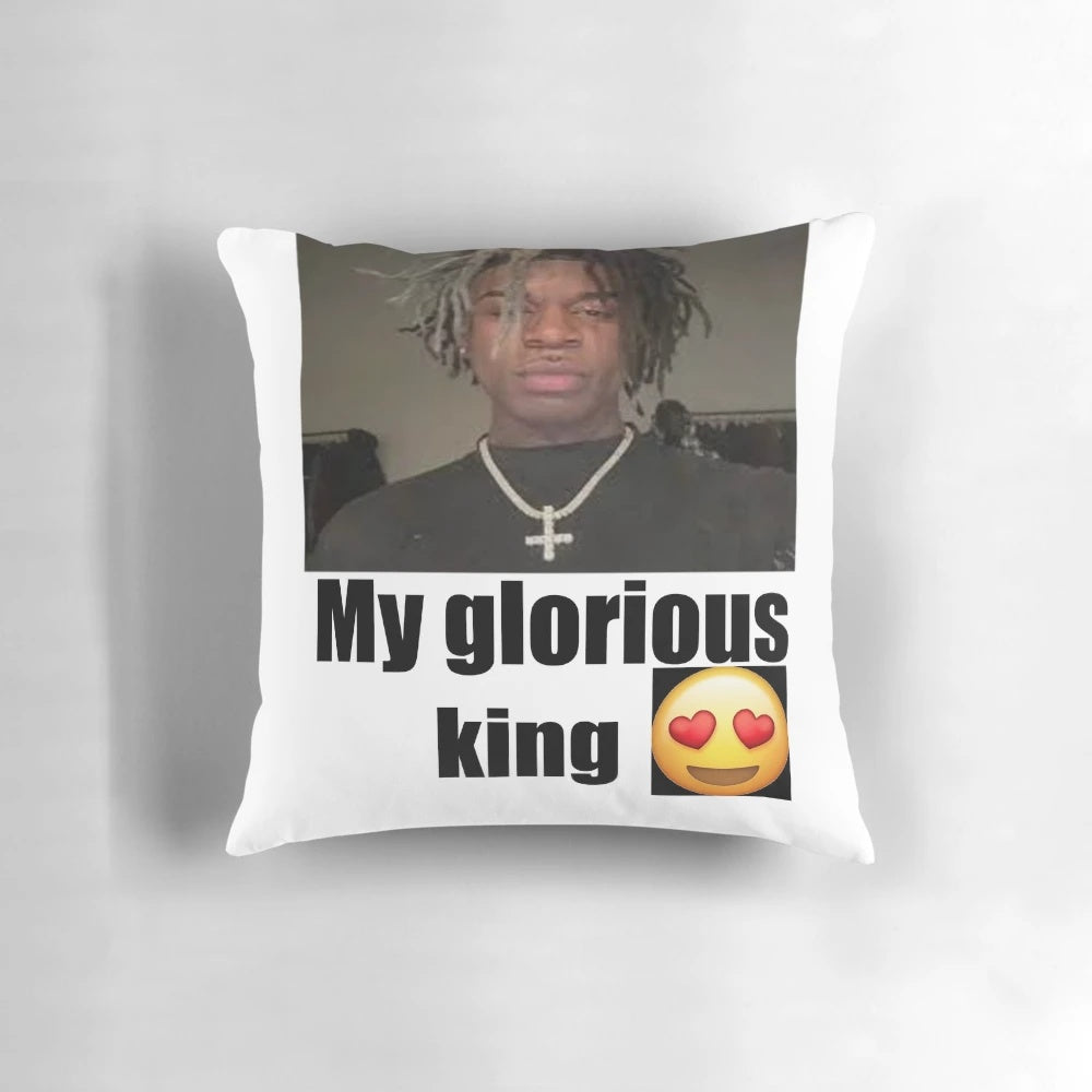 Soft, plush pillow featuring the iconic "Glorious King" character from Ken Carson's Roblox videos.