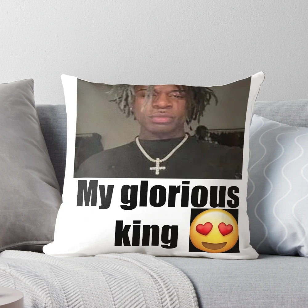 Soft, plush pillow featuring the iconic "Glorious King" character from Ken Carson's Roblox videos.
