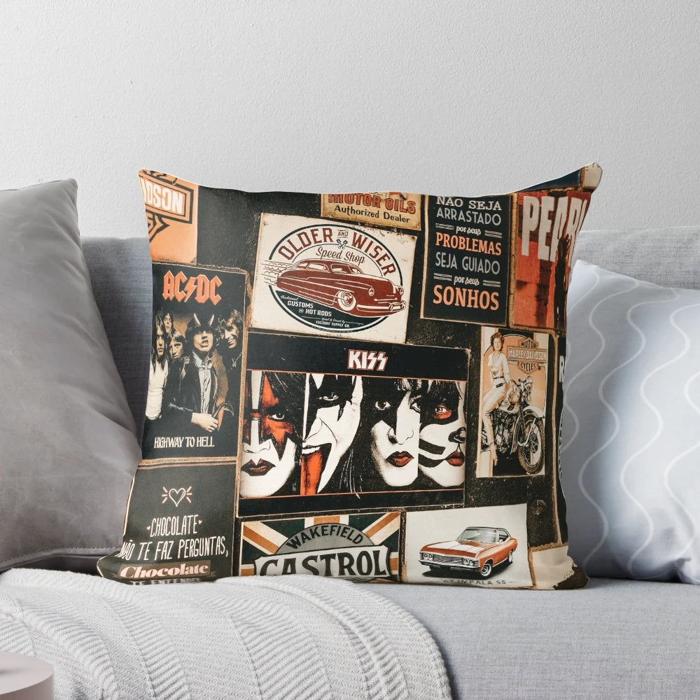 Classic rock bands pillow with iconic band poster design