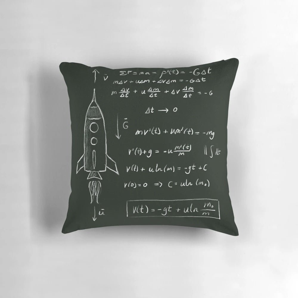 Pillow featuring a blackboard with rocket science equations and formulas