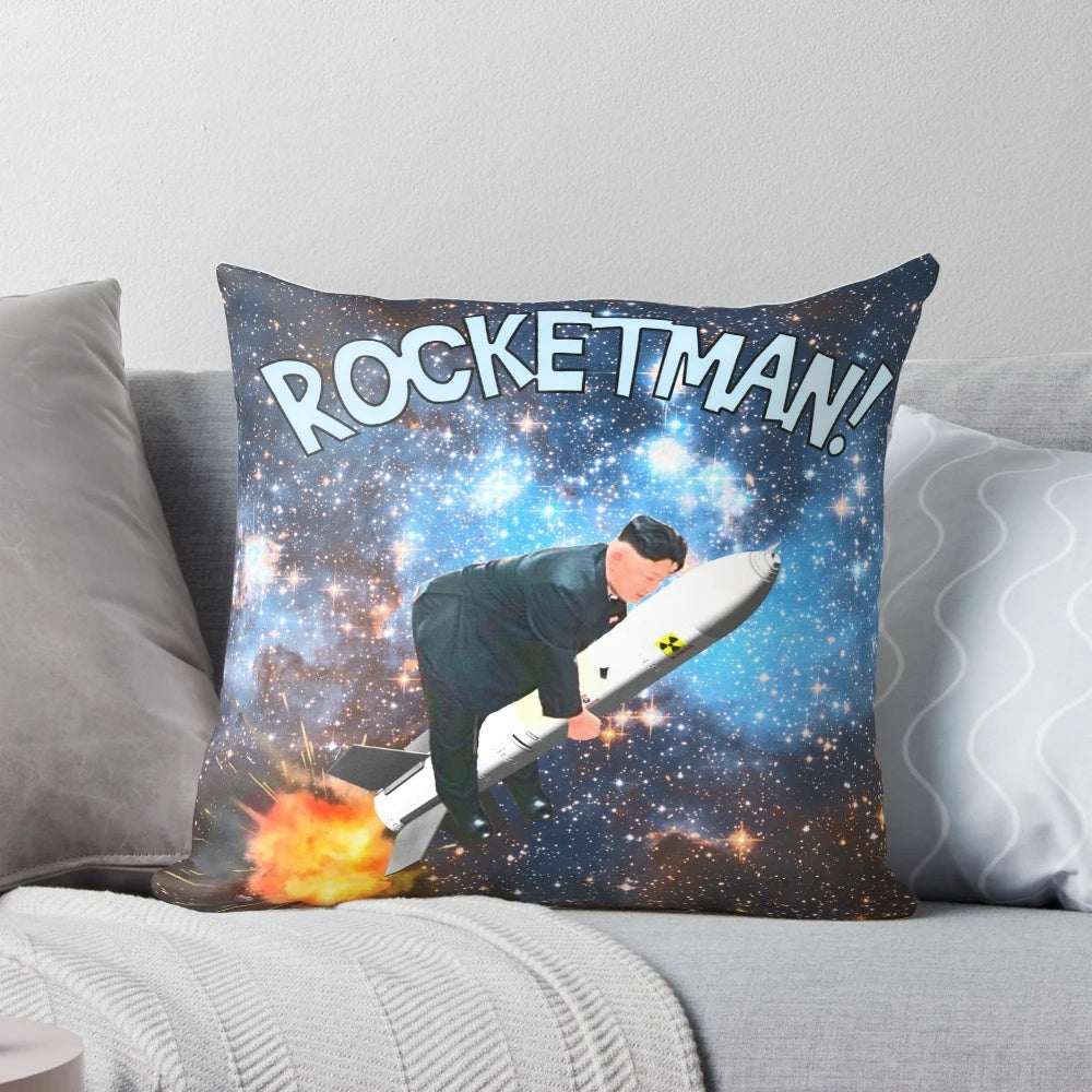 Rocket man pillow featuring a humorous depiction of a political leader