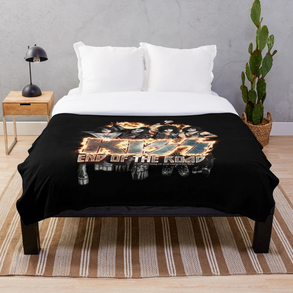 KISS band plush blanket with iconic fire logo design