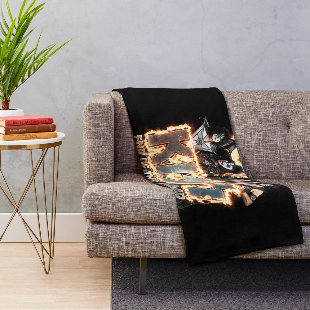 KISS band plush blanket with iconic fire logo design