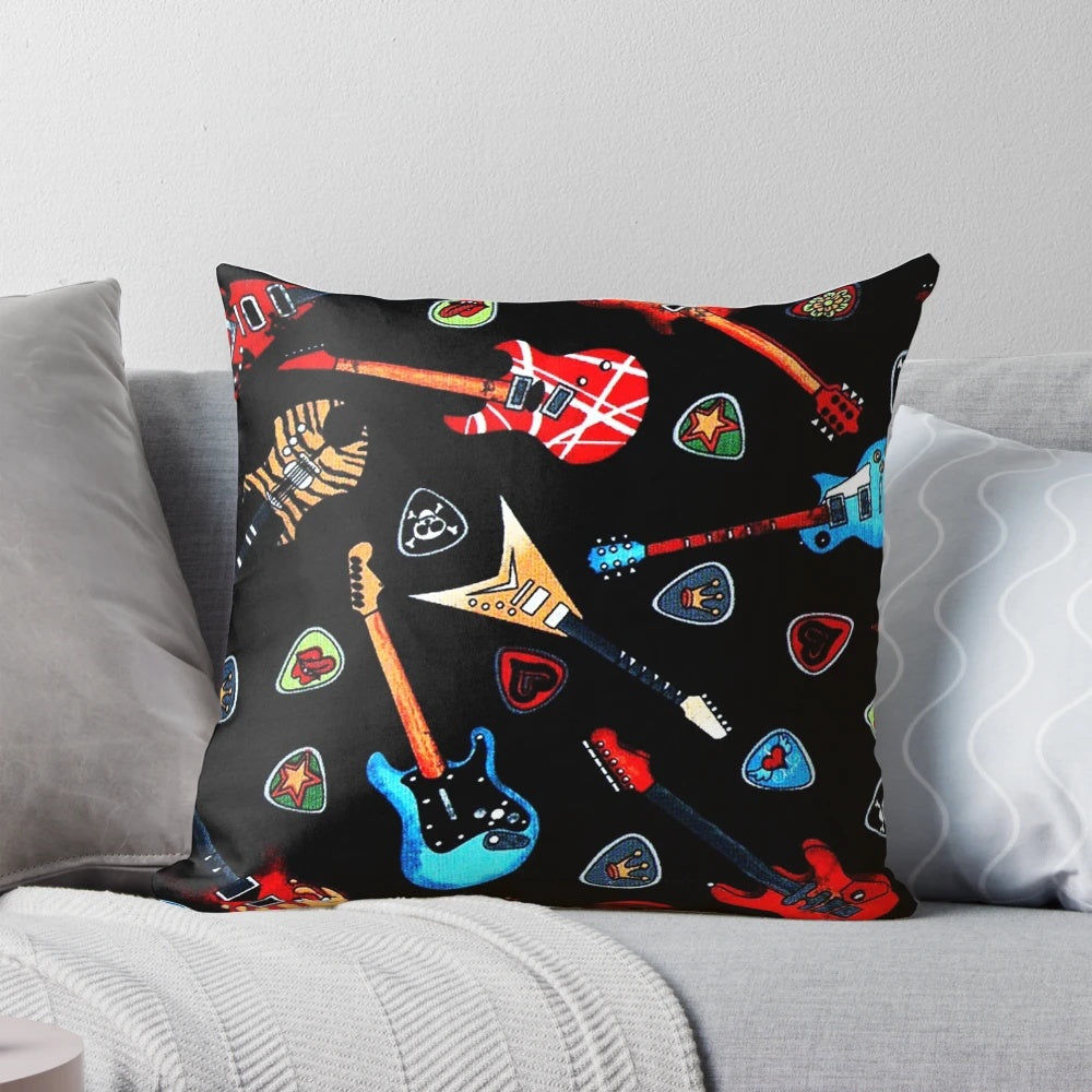 Colorful electric guitar pattern decorative throw pillow for rock music enthusiasts