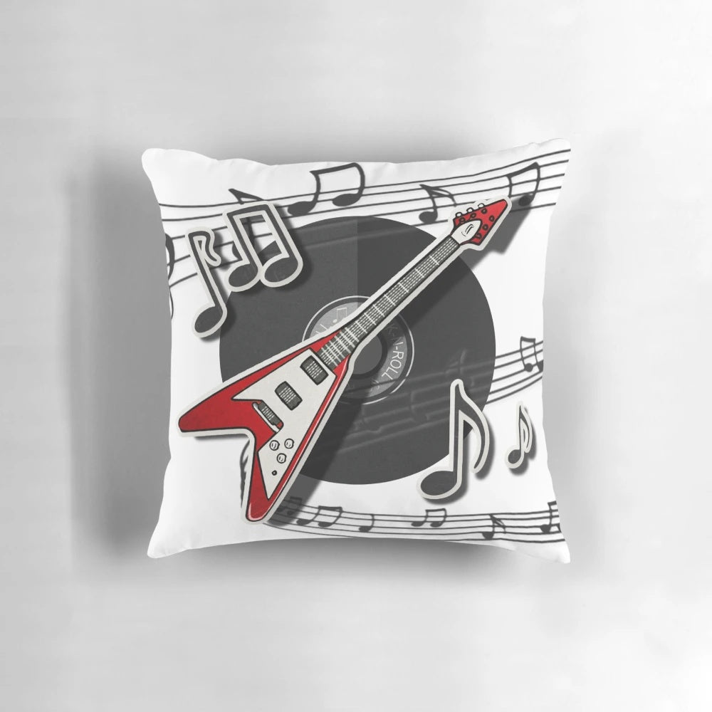 Vibrant electric guitar with music notes graphic on a cozy pillow