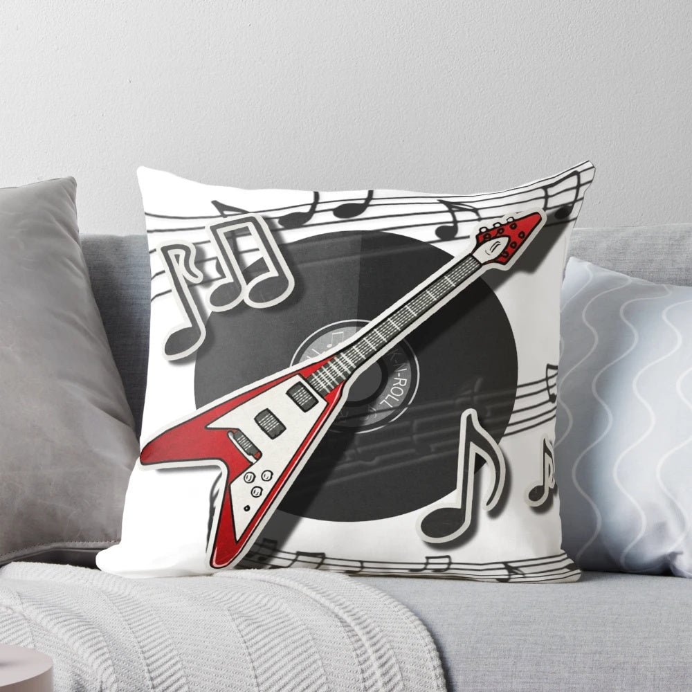 Vibrant electric guitar with music notes graphic on a cozy pillow