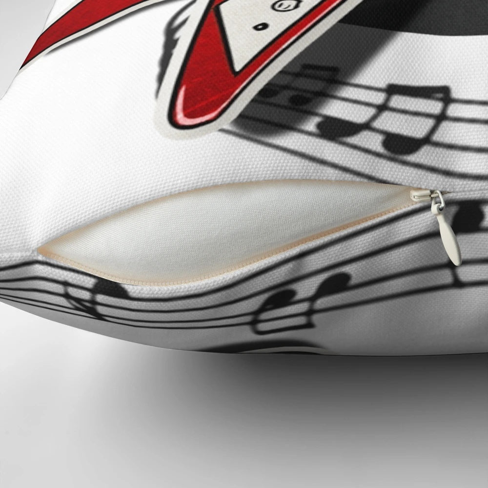 Vibrant electric guitar with music notes graphic on a cozy pillow